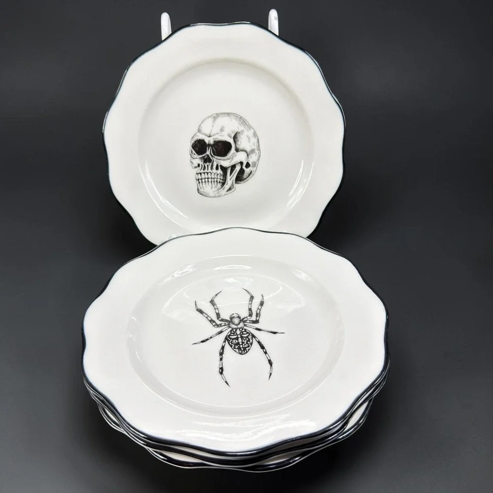 Sunday Morning Ceramics Spooky Soiree Skull Bat Crow Spider Plates Set of 4 NEW